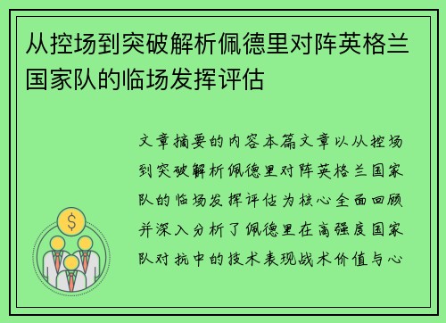 从控场到突破解析佩德里对阵英格兰国家队的临场发挥评估