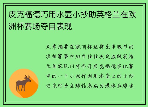 皮克福德巧用水壶小抄助英格兰在欧洲杯赛场夺目表现