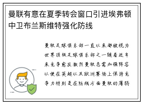 曼联有意在夏季转会窗口引进埃弗顿中卫布兰斯维特强化防线